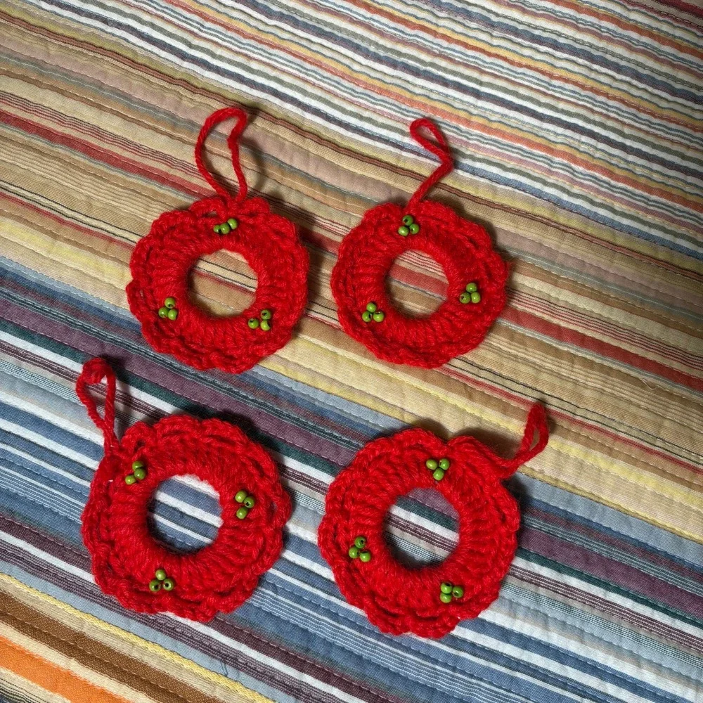 Handmade Crochet Christmas Ornaments Set of 8 Red Wreaths and Glitter Stars